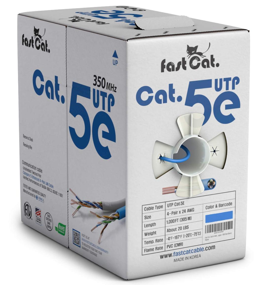 fast Cat. Cat5e Ethernet Cable 1000ft - 24 AWG, CMR, Insulated Bare Copper Wire Cat 5 ethernet Cable with FastReel - 350MHZ / Gigabit Speed UTP Cable Cat5e - CMR (Blue)