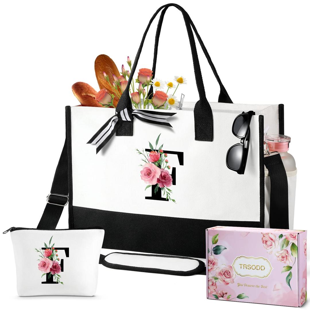 Personalized Customized Friend Birthday Gifts, Floral Ini-tial Beach Bag w Makeup Bag, Bride Bridesmaid Gifts, Can-vas Tote Bag for Women w Inner Pocket, Side Pocket, Shoulder Strap, Card, Gift Box F