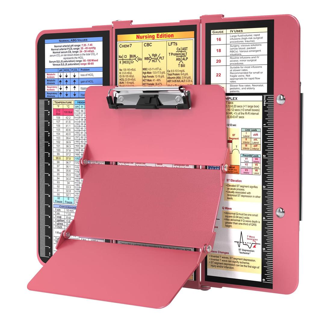 Nursing Clipboard Foldable, Foldable Clipboard w/Nursing Edition Cheat Charts,3 Layers Aluminum, Nurse Clipboard w/Low Profile Clip&Pen Clip Pocket Clipboard for Students, Nurses and Doctors, Rose