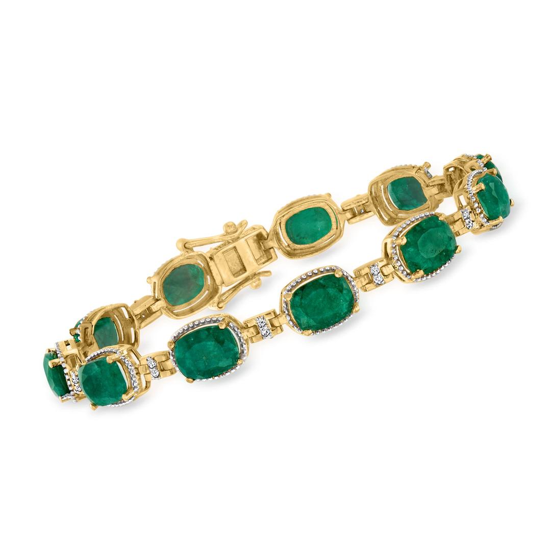 Ross-Simons 13.00 ct. t.w. Emerald and .18 ct. t.w. Diamond Bracelet in 18kt Gold Over Sterling. 7 inches