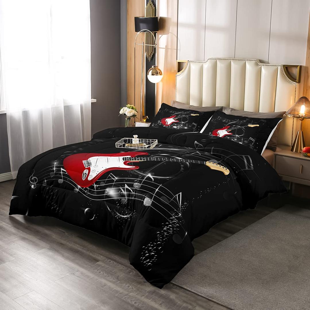 Erosebridal Guitar Comforter Set, Teens Musical Note Duvet Sets Twin Size, Music Themed Hip Hop Bedding Set for Kids Boys Youth Adult, Black Lightweight Luxury Down Comforter with 1 Pillow Cases