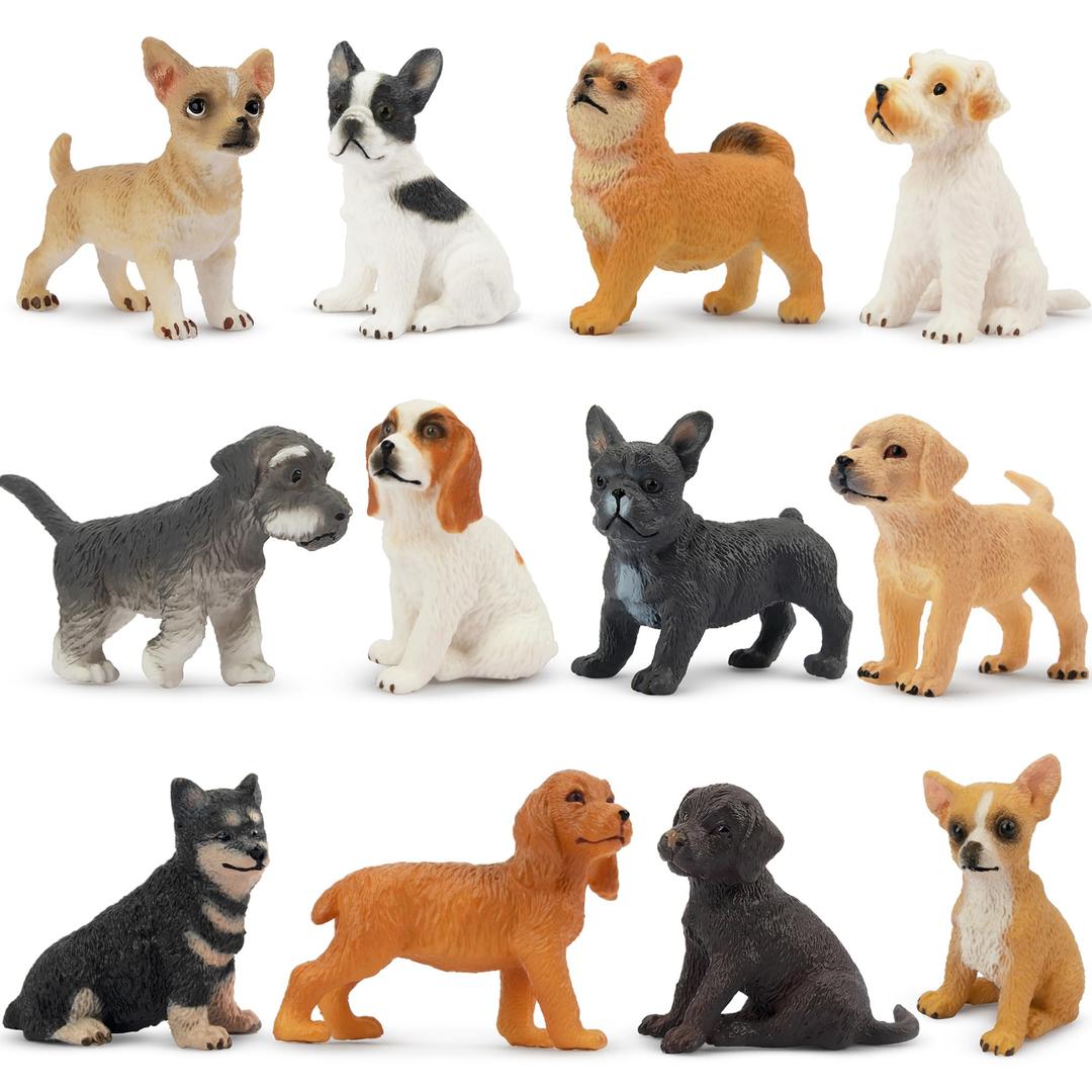 Toymany 12PCS Mini Dog Figurines Toy Set, Realistic Detailed Plastic Puppy Figures Playset, Hand Painted Dogs Animals Toy, Cake Toppers Easter Eggs Christmas Birthday Gift for Kids Toddlers