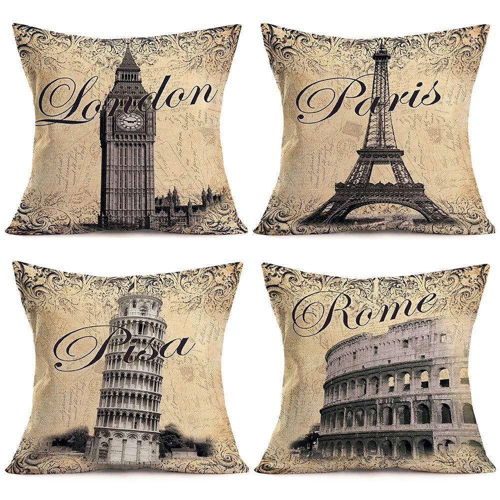 World Famous Building Cotton Linen 4 Pack Cushion Cover London Paris Pisa Rome Vintage Pattern Square Decor Pillow Shams for Home Sofa Decorative Throw Pillow Case 18" X 18" (Building)