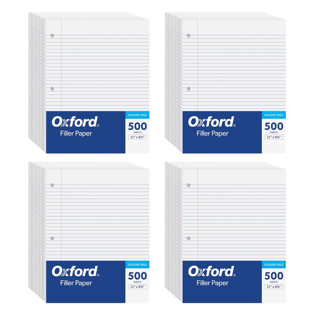 Oxford Loose Leaf Paper, Filler Paper, Notebook Paper, 8-1/2" x 11", College Rule, 3-Hole Punched, 2,000 Sheets for 3 Ring Binders, 4 Packs of 500, White (62331)