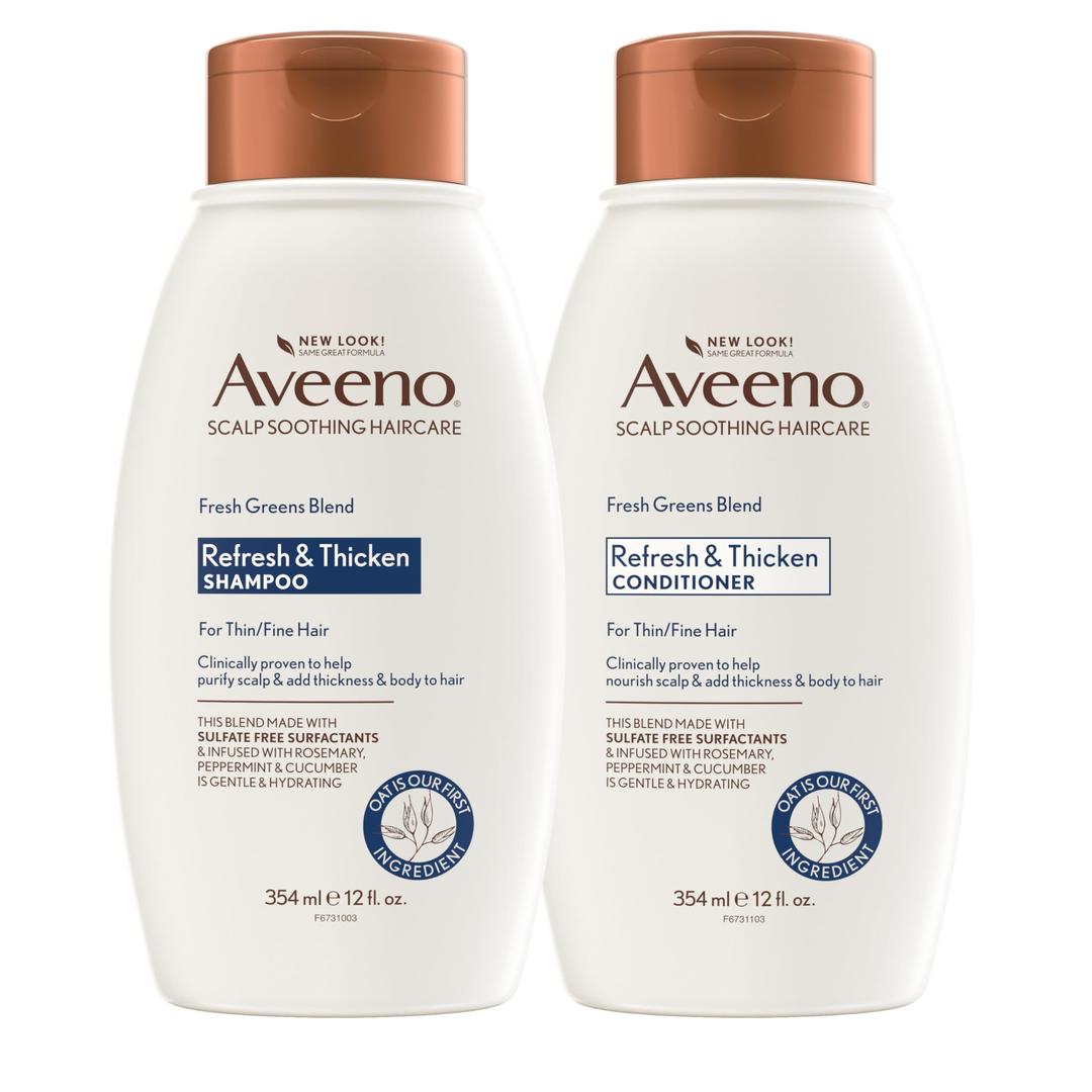 Aveeno Fresh Greens Shampoo + Conditioner with Rosemary, Peppermint & Cucumber to Thicken & Nourish, Clarifying & Volumizing Shampoo for Thin or Fine Hair, Paraben-Free, 12 Fl Oz, 2 Count (Pack of 1)