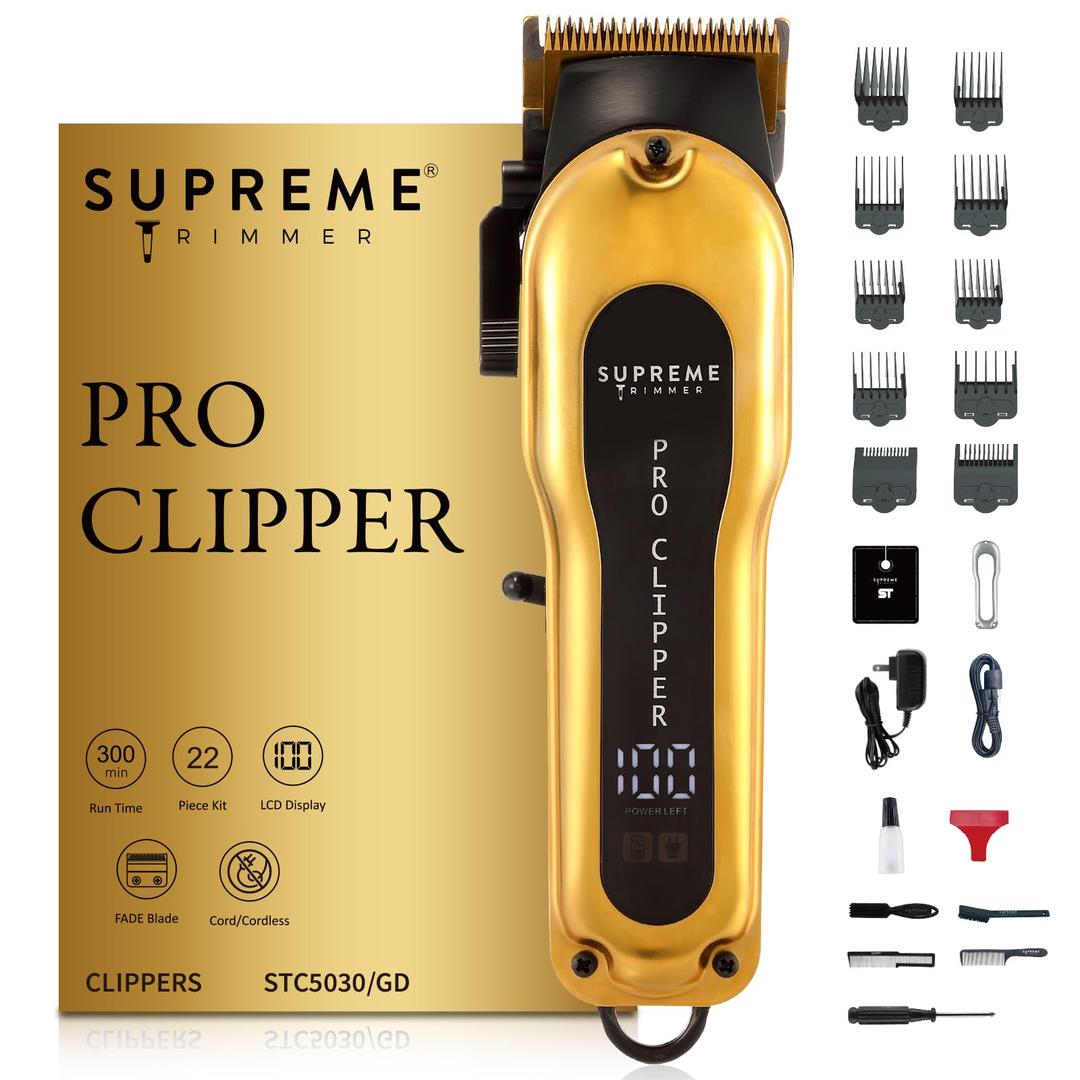 Supreme Trimmer Pro Clipper All Metal w/Fade Blade | 300 Min Run Time Professional Clipper Set, Cordless Beard Trimmer | STC5030 Gold