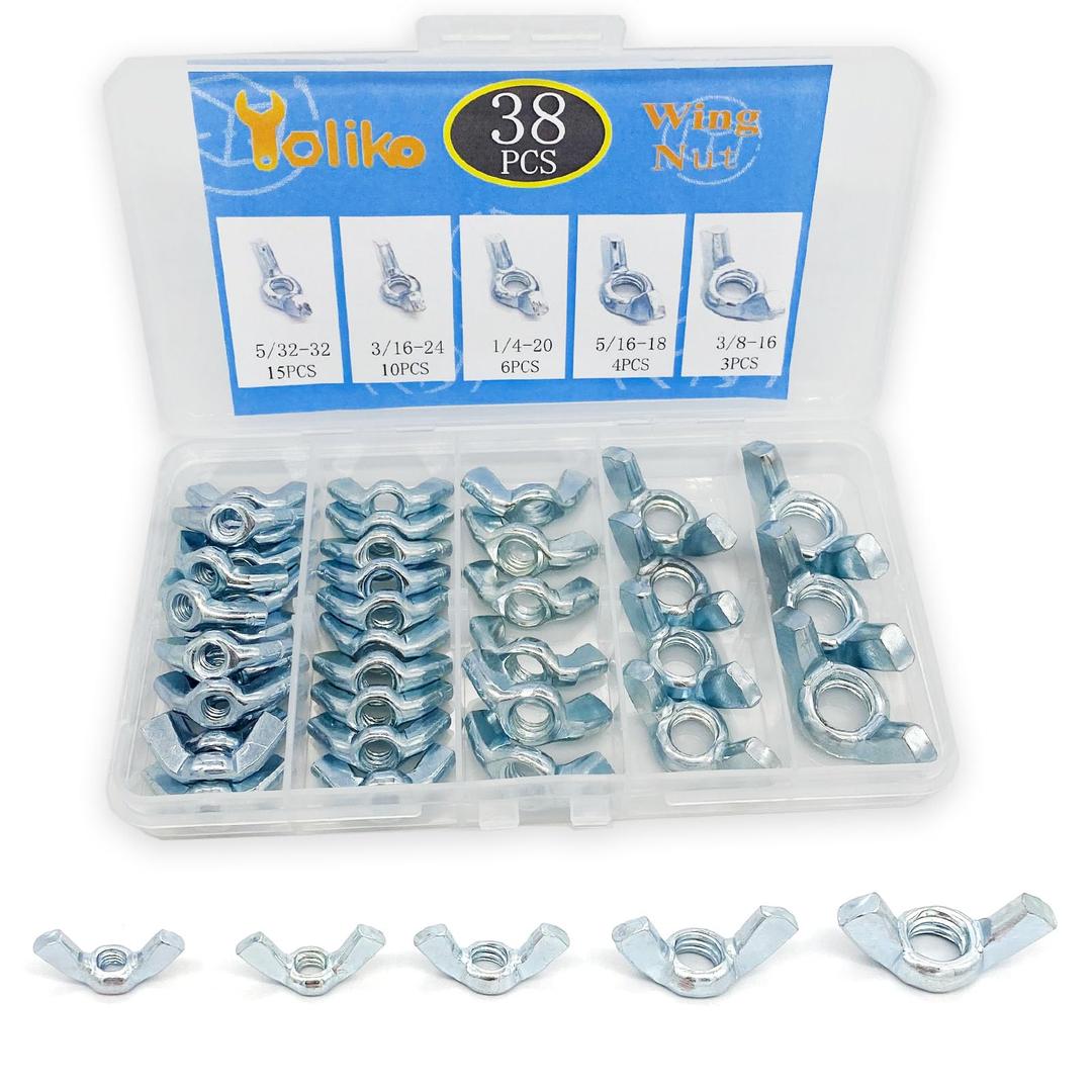 38 Pcs 5 Sizes 5/32",3/16",1/4",5/16",3/8" Wingnuts, Quality Carbon Steel Wing Nuts Zinc Plated Fasteners Parts Butterfly Nut, Hand Twist Tighten Hardware Nuts Butterfly Wing-Nut Assorted Kit