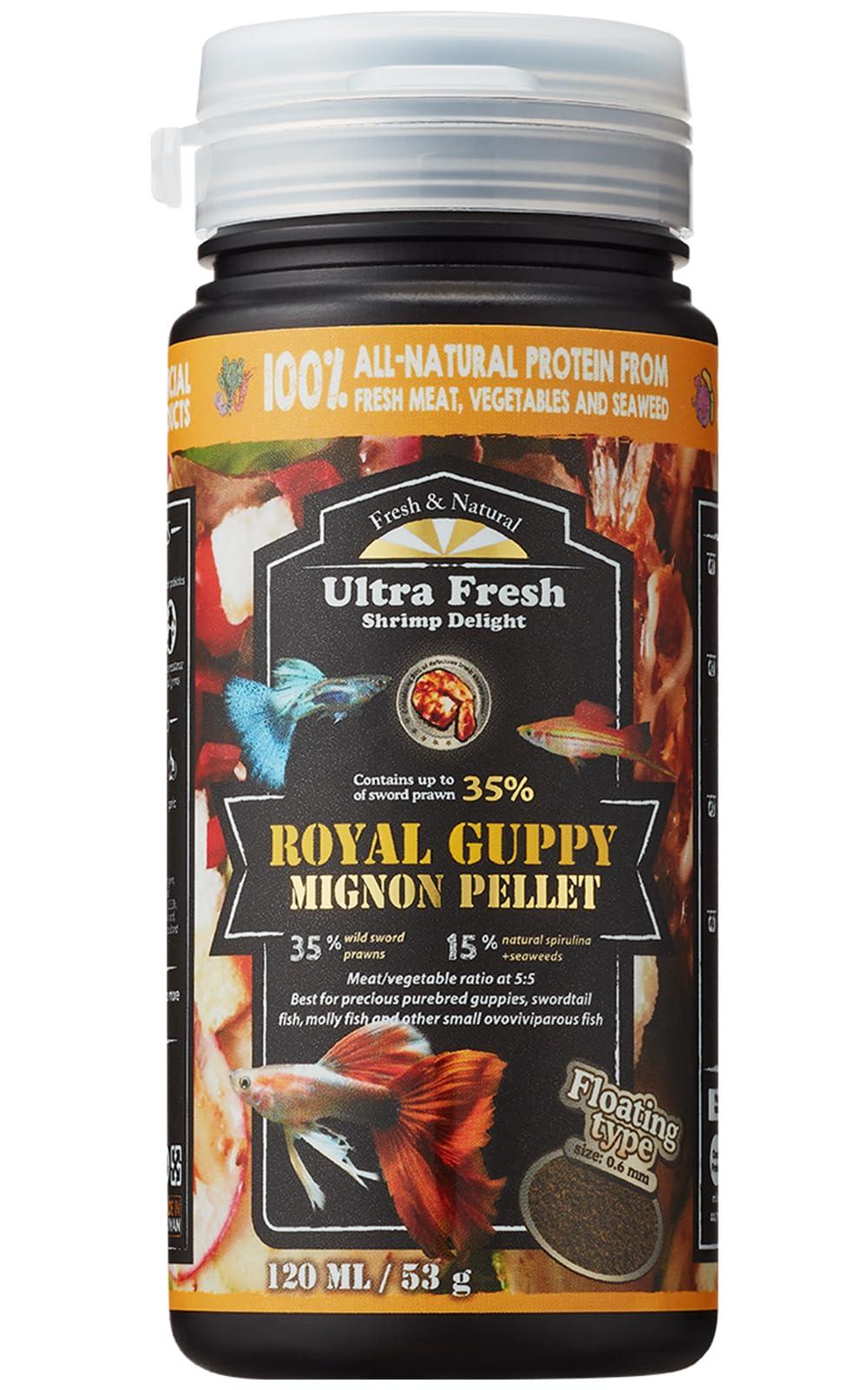 Ultra Fresh Royal Guppy Mignon Pellet, All Natural Guppy Food, Sword Prawns, Spirulina, Highly Nutritious, for Cleaner Water and More Vibrant Color 1.87 oz