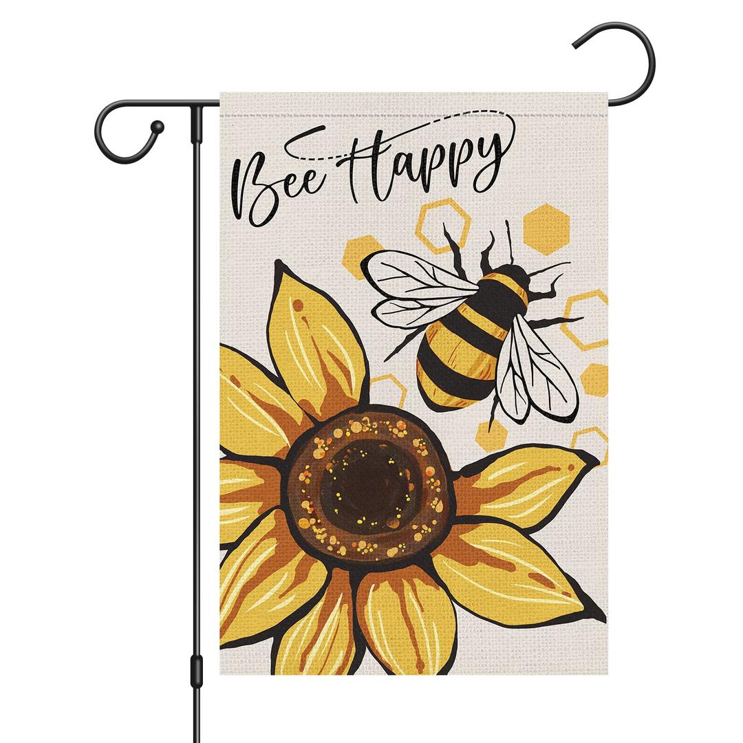 Louise MaelysBee Happy Garden Flag 12x18 Double Sided Vertical, Burlap Small Welcome Spring Summer Positive Garden Yard House Flags with Sunflower Decor Outside Outdoor House Decoration (ONLY FLAG)