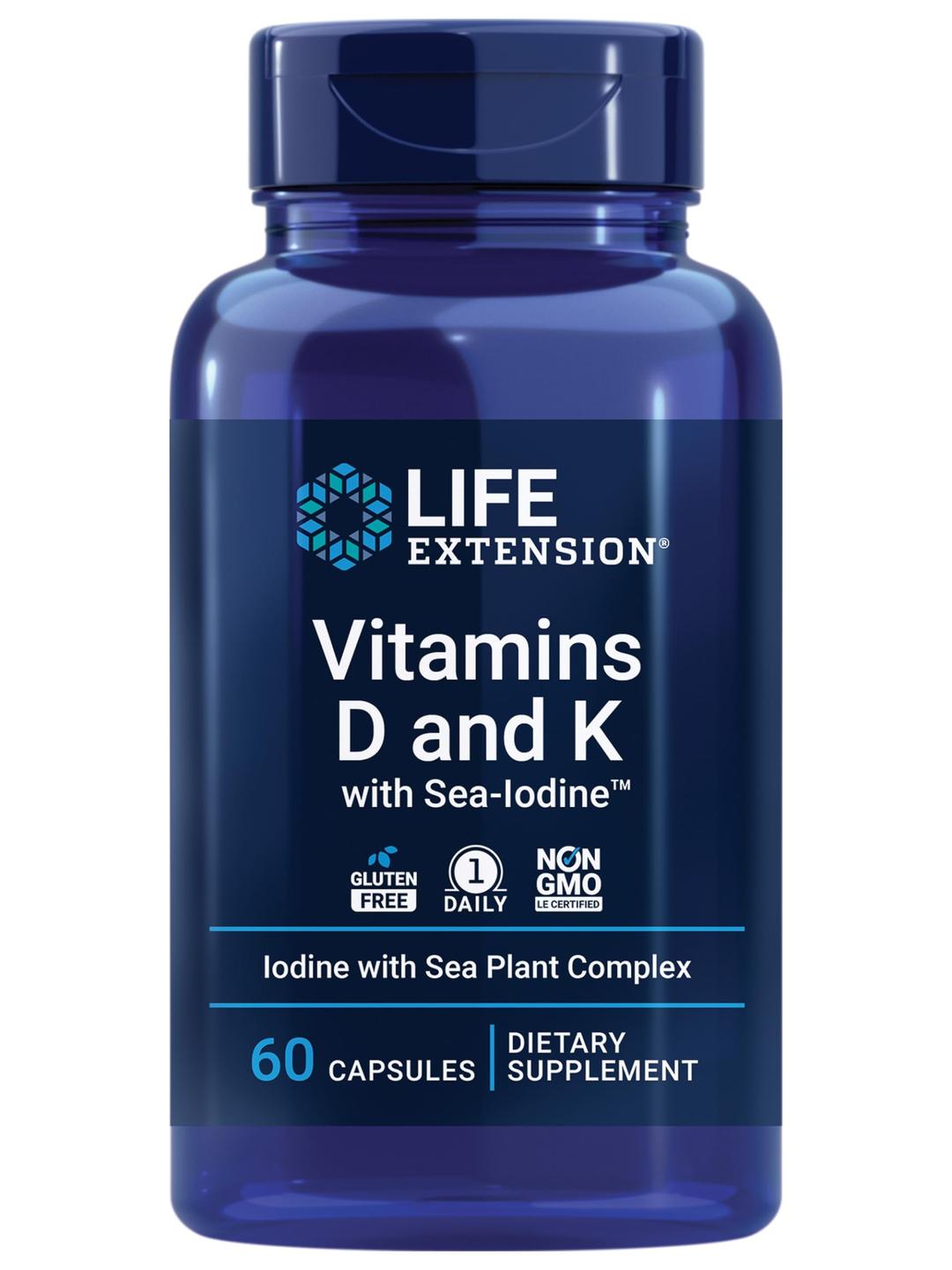 Life ExtensionVitamins D and K with Sea-Iodine, vitamin D3, vitamin K1 and K2, iodine, supports immune, bone, arterial and thyroid health, non-GMO, gluten-free, 60 capsules