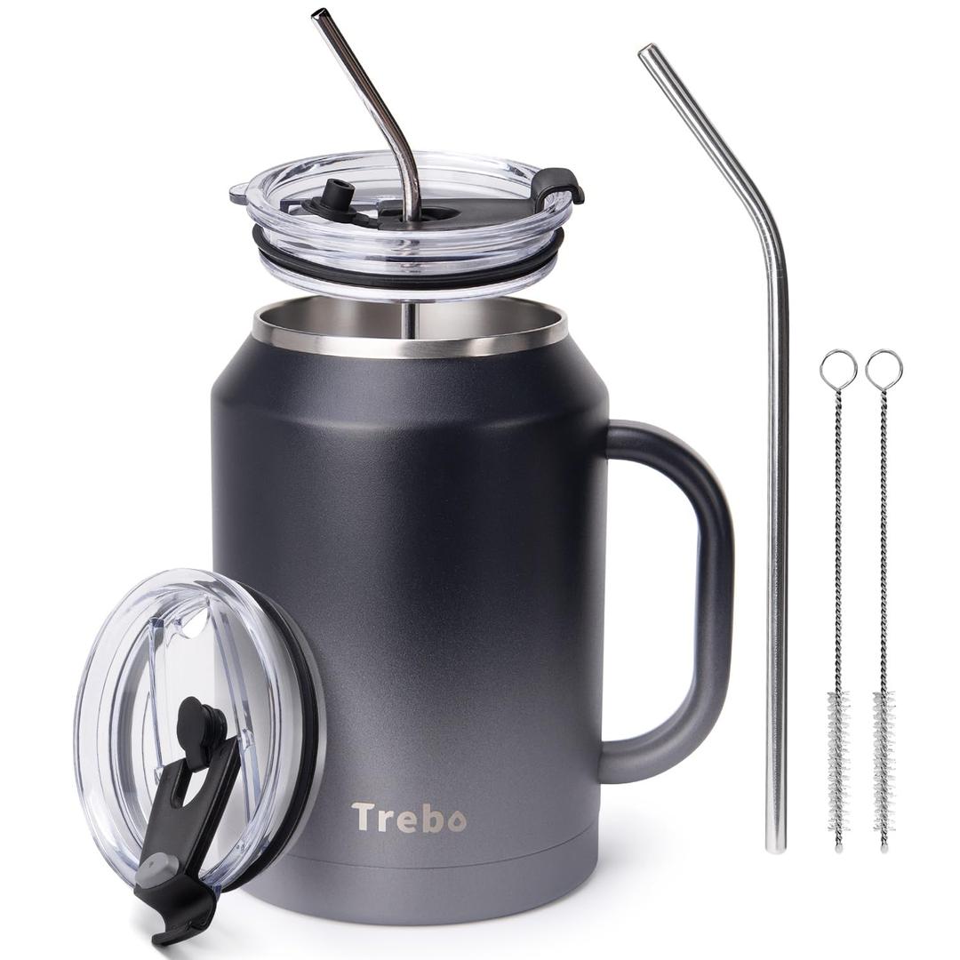 Trebo50 oz Stainless Steel Mug Tumbler with Handle, Vacuum Insulated Large Iced Coffee Cup with Lids and Straws,Reusable Water Bottle Flask Jug,Keeps Drinks Cold up to 36 Hrs,Sweat Proof,Dark Gray