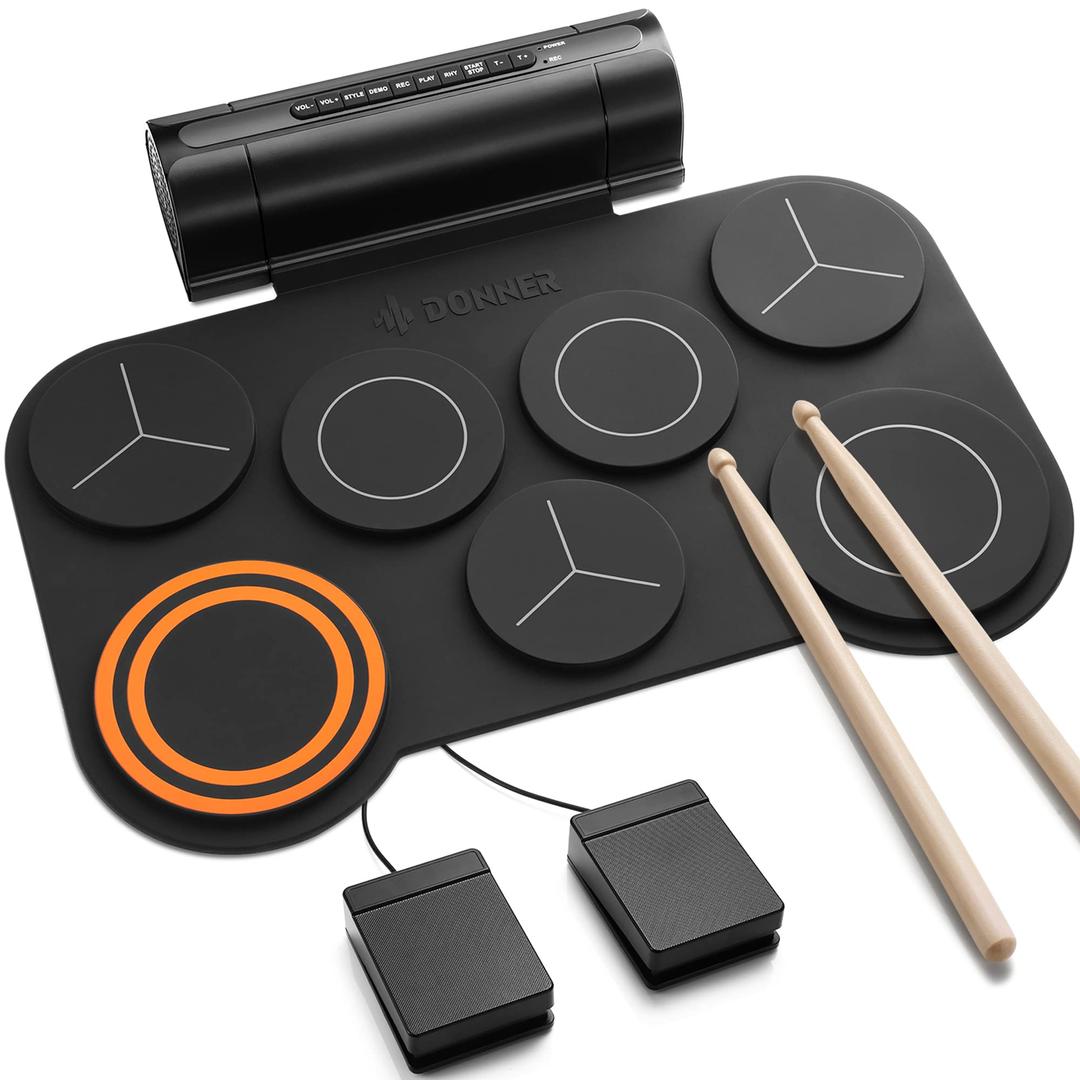 Donner Electronic Drum Set, 7 Pads Electric Drum Pad Roll Up Quiet Drum Pad Built-in Speaker, 40 Drum Lessons Included, Kids Holiday Christmas & Birthday Gift Instrument Toys(DED-20)