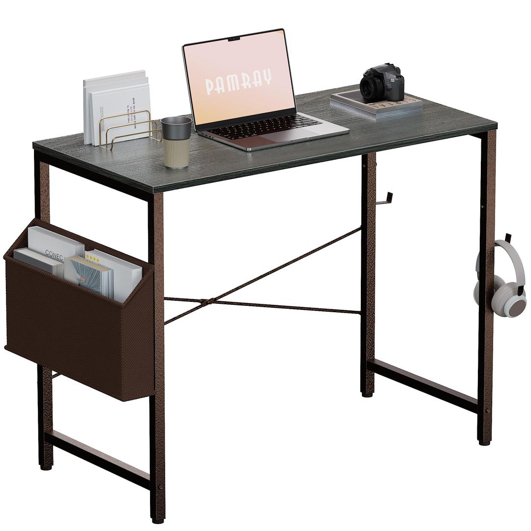 Pamray 32 Inch Computer Desk Small Spaces Desk with Storage Bag for Bedroom Writing and Home Office Work Small Study Desk Table Espresso Gray