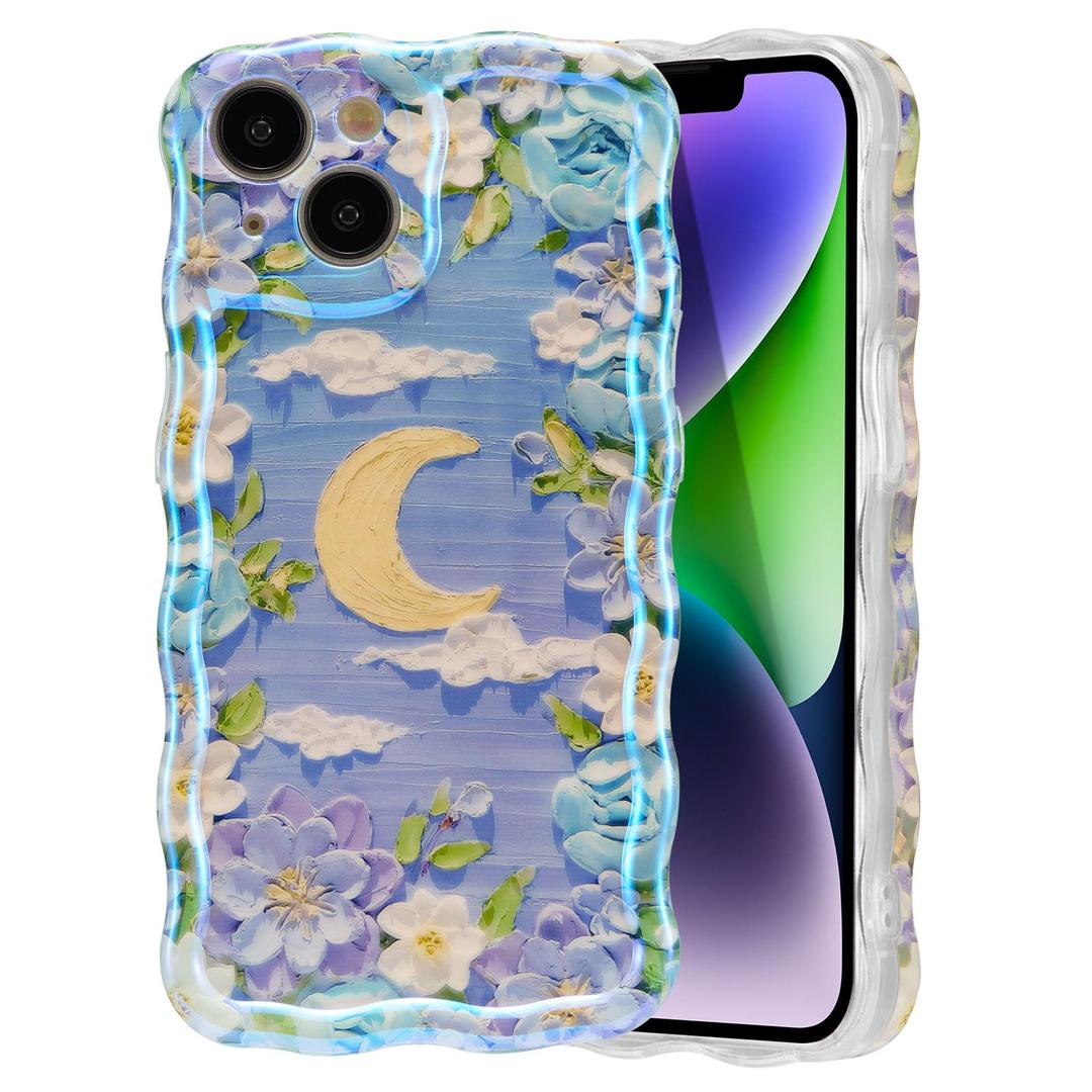 EYZUTAKCase for iPhone 13, Colorful Retro Oil Painting Flower Leaves Moon Cloud Pattern Laser Cute Curly Wave Edge Exquisite Phone Cover Stylish Durable TPU Protective Case for Girls Women - Purple#3