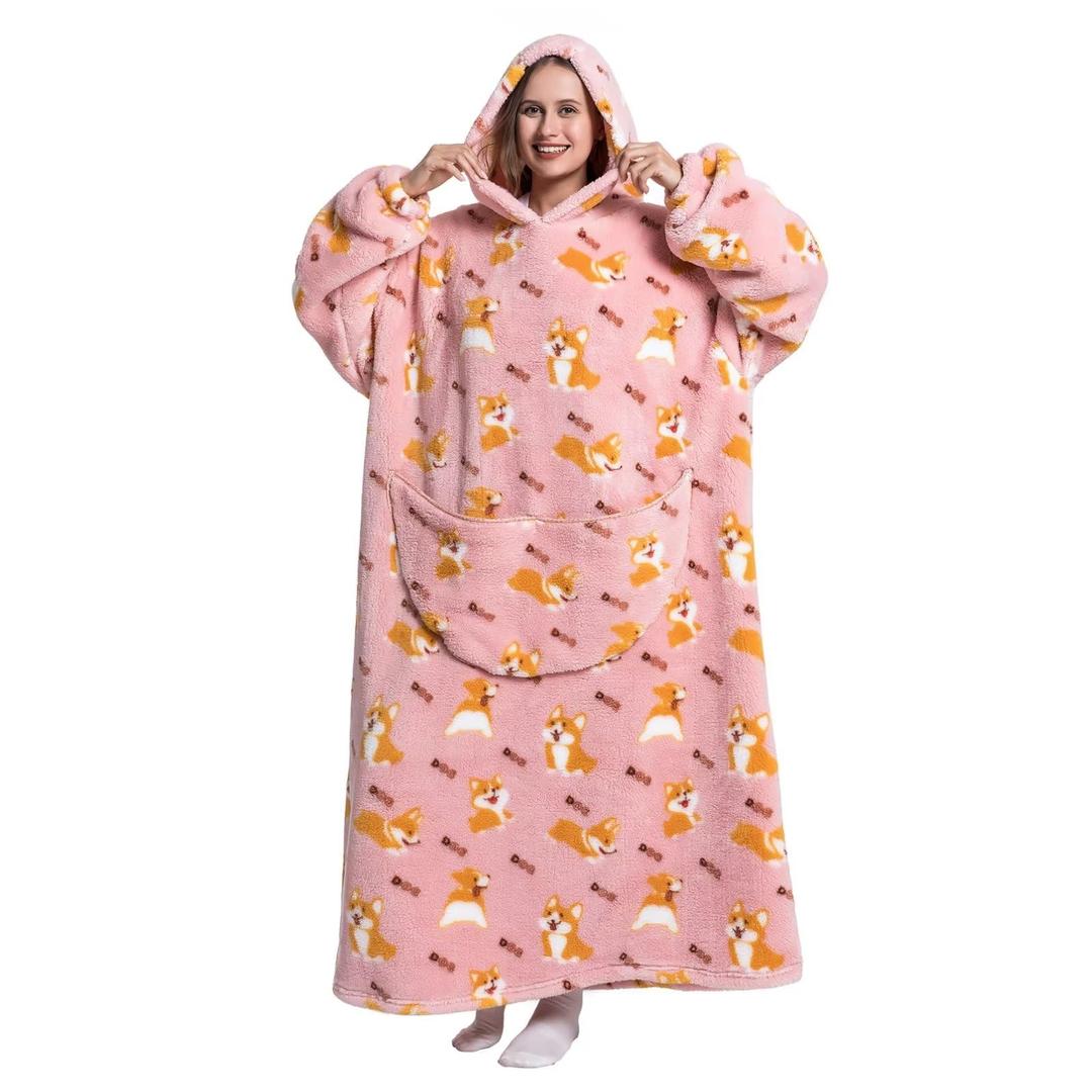 Moinlizy Wearable Blanket Adult Lengthened, Oversized Wearable Blanket Sweatshirt Soft Warm Flannel, Cozy Adult Blanket Hoodie Gift for Women Men with Pocket, Pink Corgi