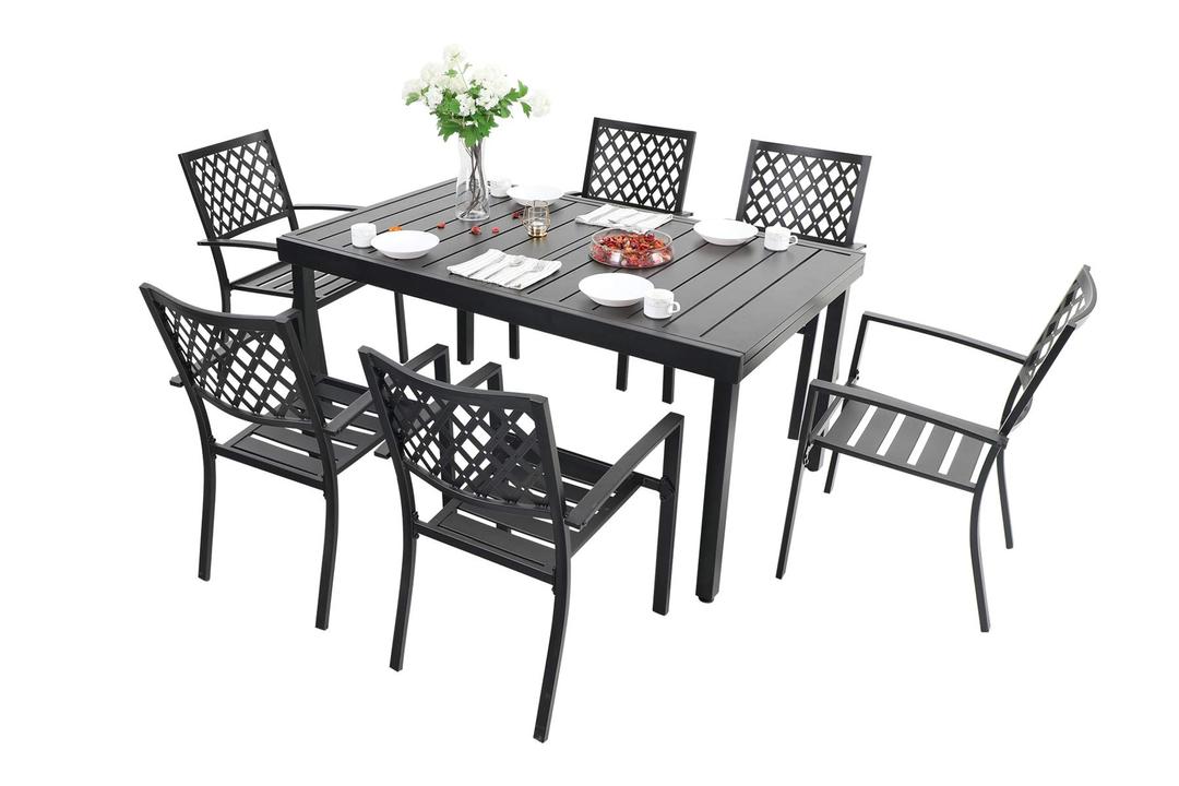 MFSTUDIO 7PCS Outdoor Patio Dining Set, 6 Steel Slat Stackable Chairs, 1 Large Black Rectangular Expandable Table, for Porch Lawn Backyard Garden