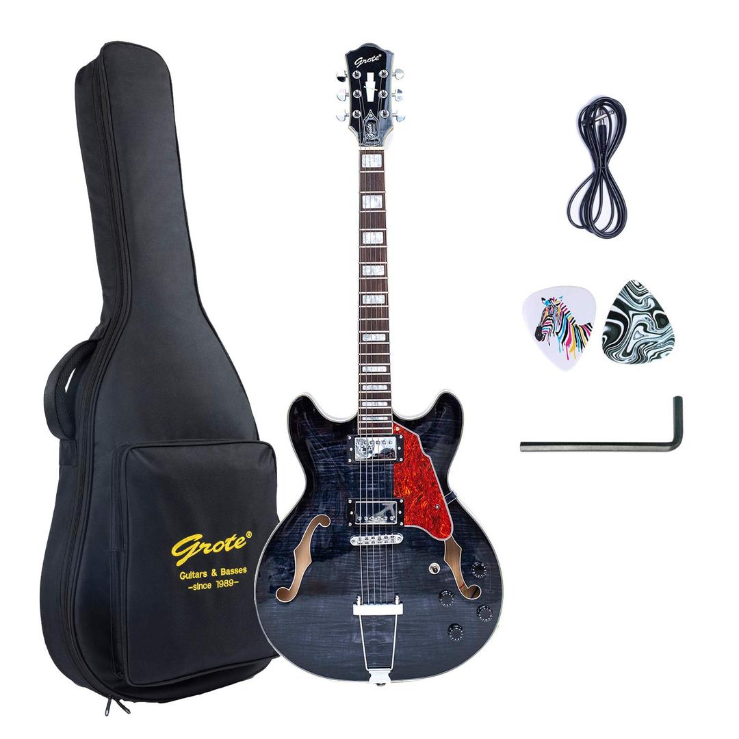 GroteJazz Electric Guitar Semi-Hollow Body Trapeze Tailpiece Bridge Guitar Gig Bag (Black)