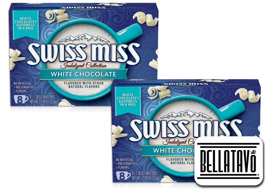 White Chocolate Hot Cocoa Mix Bundle. Includes Two-11.04 Oz Boxes of Swiss Miss White Chocolate Hot Cocoa Mix! One Box Has 8 Counts of White Chocolate Cocoa Mix Comes With a BELLATAVO Fridge Magnet!