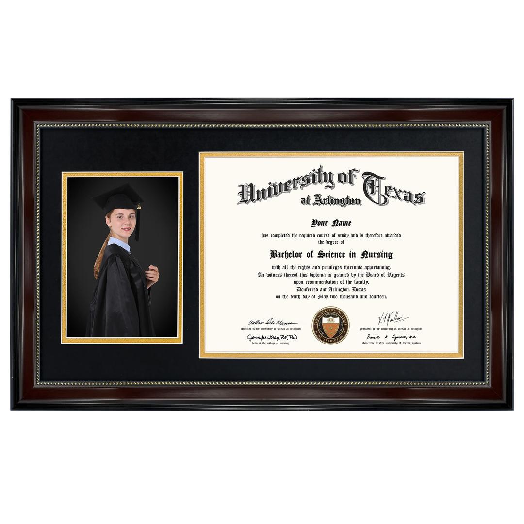 GraduationMall 11x19 Mahogany Diploma and Photo Frame for 8.5x11 Certificate,5x7 Picture,Real Glass,Black over Gold Double Mat