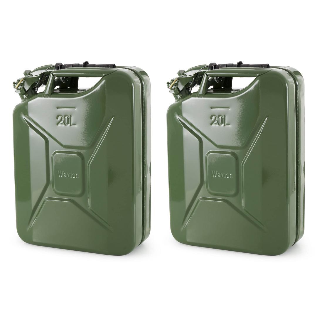 Wavian5.3 Gallon 20 Liter Authentic CARB Fuel Jerry Can w/Spout, Wavian USA Authentic NATO Jerry Can and Spout System - Rust-Proof, Green, 5 Gallon Gas Cans for Gasoline, Pack of 2