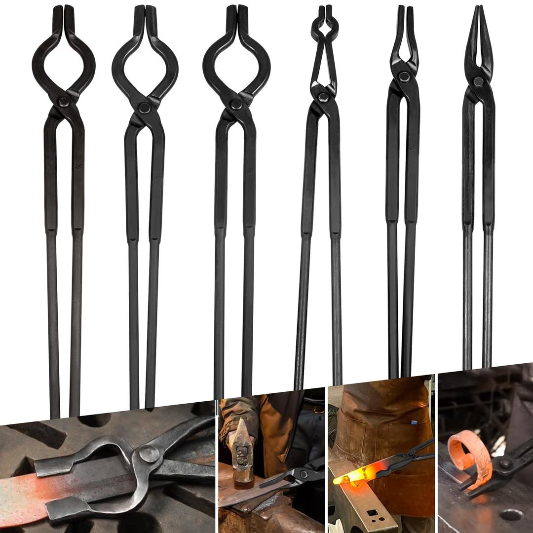 Blacksmith Tongs Knife Making Tongs Set 3/8" 1/2" 5/8" V-Bit Tongs, 1/4 Flat Jaw Tongs, Pick Up Tongs, Scroll Tongs, Assembled Blacksmithing Bladesmith Steel Forge Tongs (6PCS)