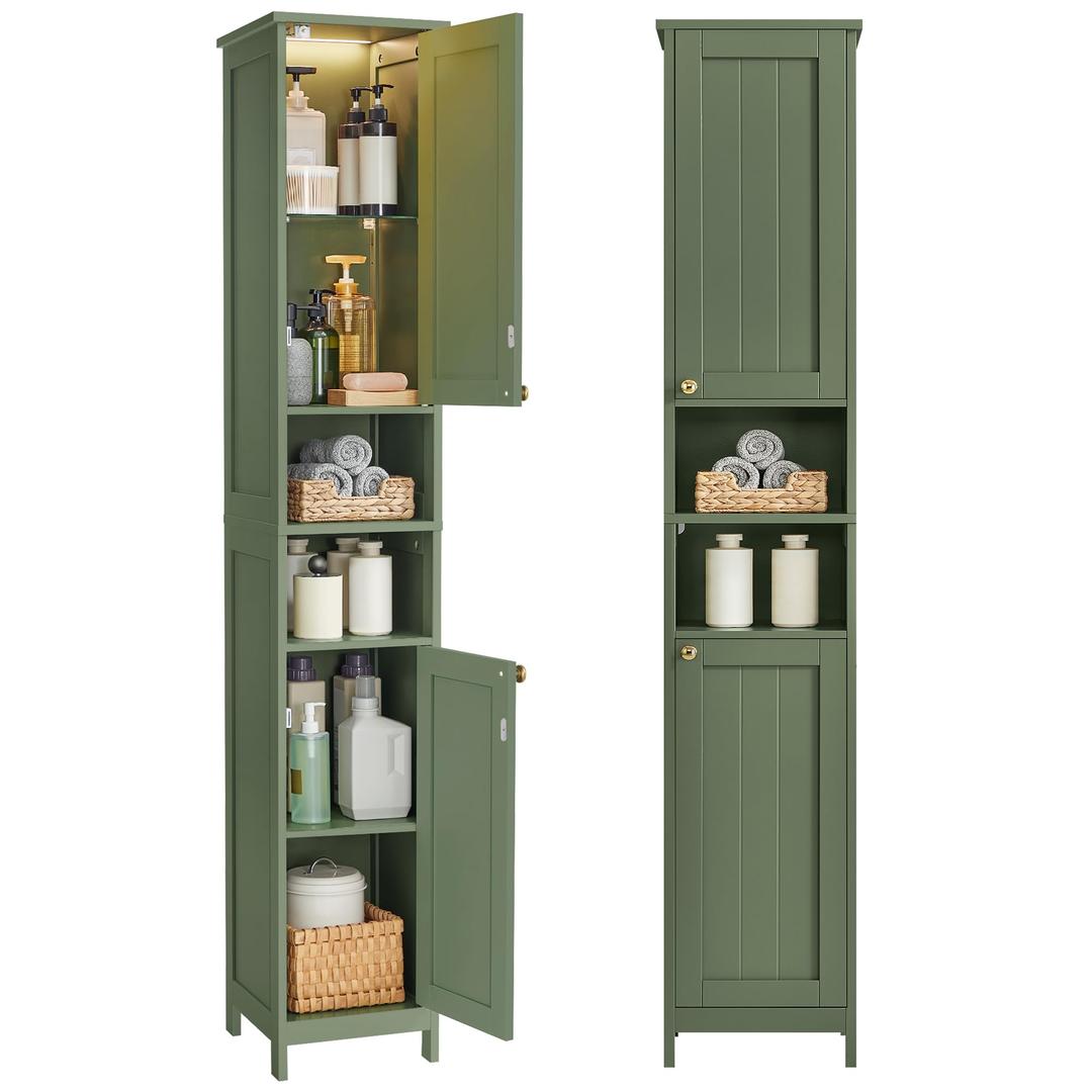 VASAGLE Tall Bathroom Cabinet with Lights, Slim Bathroom Storage Cabinet, Freestanding Narrow Cabinet with Adjustable Shelves, for Small Spaces, Modern, 11.8 Inches Wide, Forest Green UBBC566C01