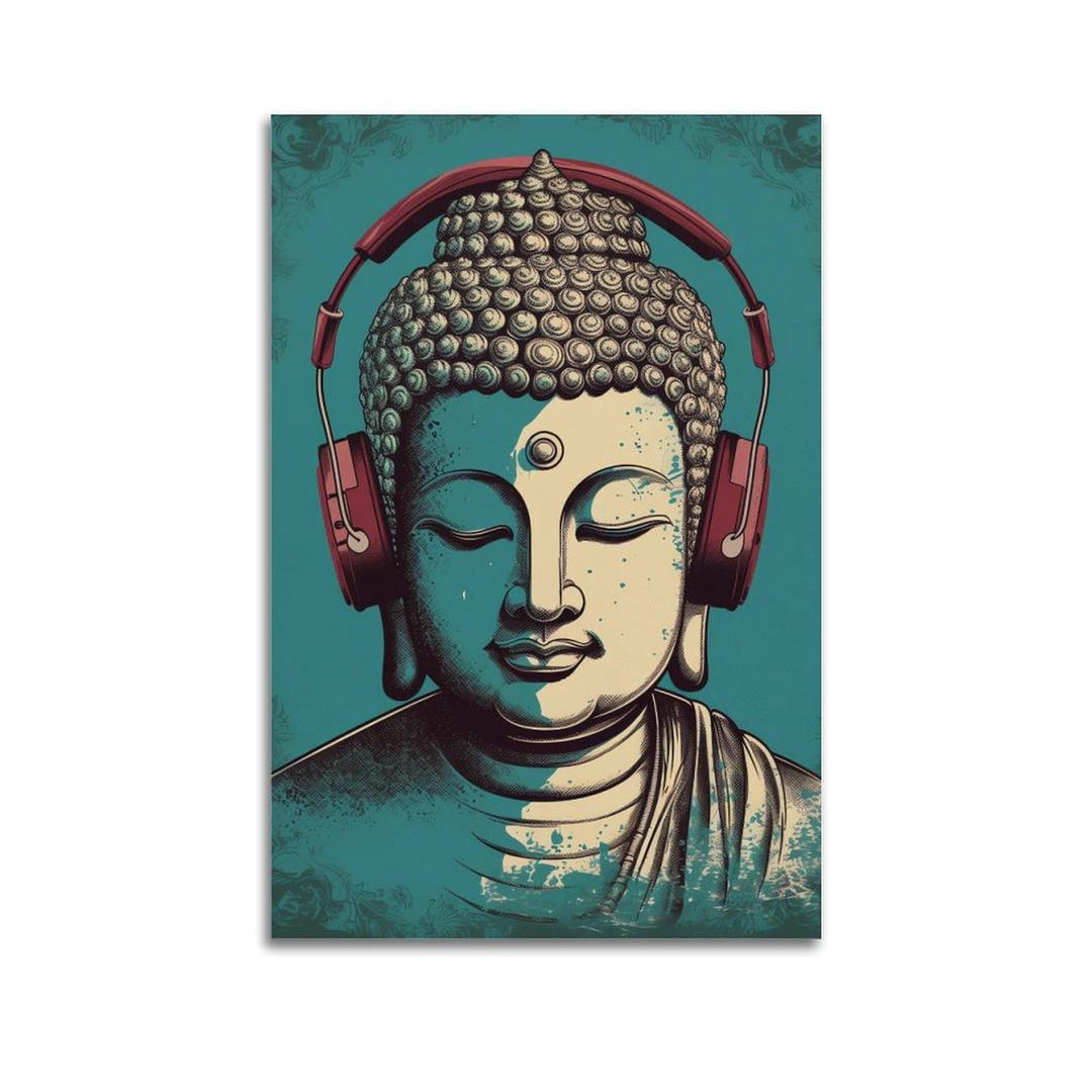 Music Buddha Wall Art Poster Buddha With Headphones Faith Religious Elements Music Decoration Indian Buddhist Wall Decor Buddha Statue Wallpaper Buddhist Culture Poster Printing 16X24inch(Unframed)