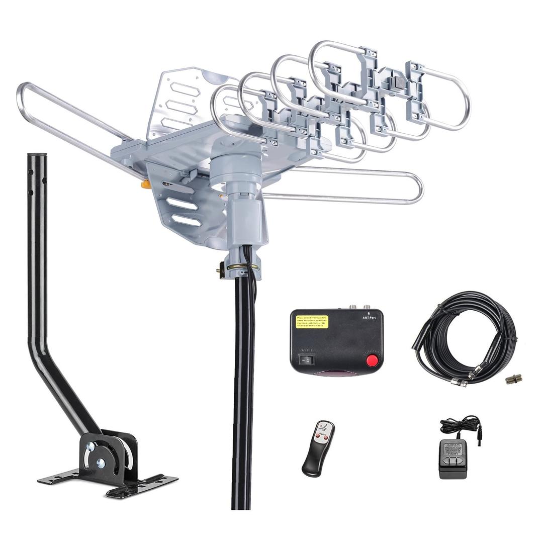 Outdoor 150 Miles Digital TV Antenna 360 Degree Rotation Amplified HDTV Antenna -Support 2 TVs-UHF/VHF/1080P/4K - Infrared Remote - 40 feet RG6 Cable and Mounting Pole Included