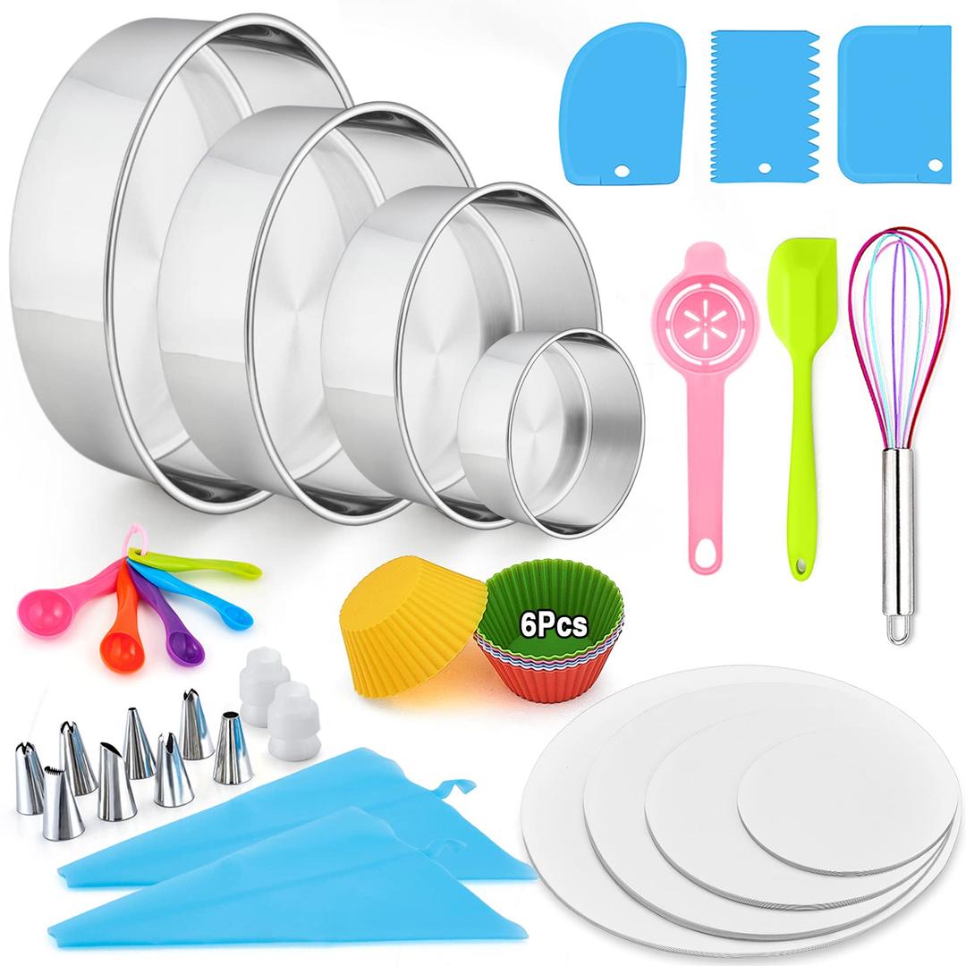 P&P CHEF 153Pcs Cake Baking Pan Set Decorating Supplies Kit, Stainless Steel 4/6/8/9.5 Inch Cake Pans with Icing Tips Tools, Parchment Papers, Whisk, Egg Separator, Muffin Cups, Measuring Spoon