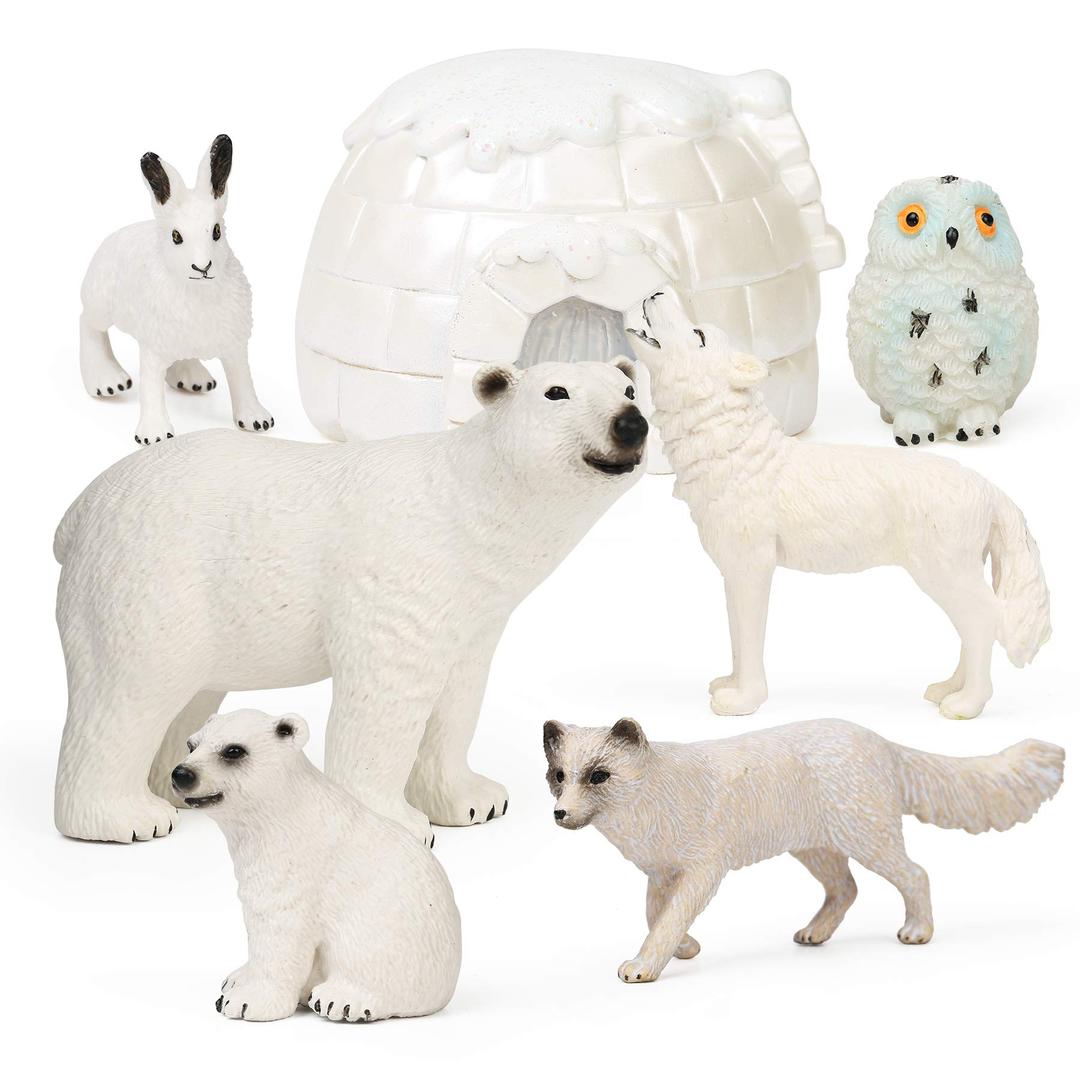 UANDME 7Pcs Polar Animals Figurines Toy with Igloo for Kids, Realistic Arctic Animal Figures Toy Playset Cake Topper and Birthday