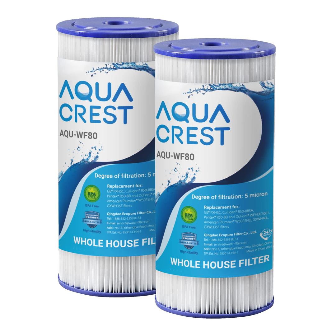 AQUA CRESTFXHSC Whole House Water Filter, Replacement for GE® FXHSC, GXWH40L, GXWH35F, American Plumber W50PEHD, W10-PR, Culligan® R50-BBSA, 5 Micron 10" x 4.5", High Flow Sediment Filters, Pack of 2