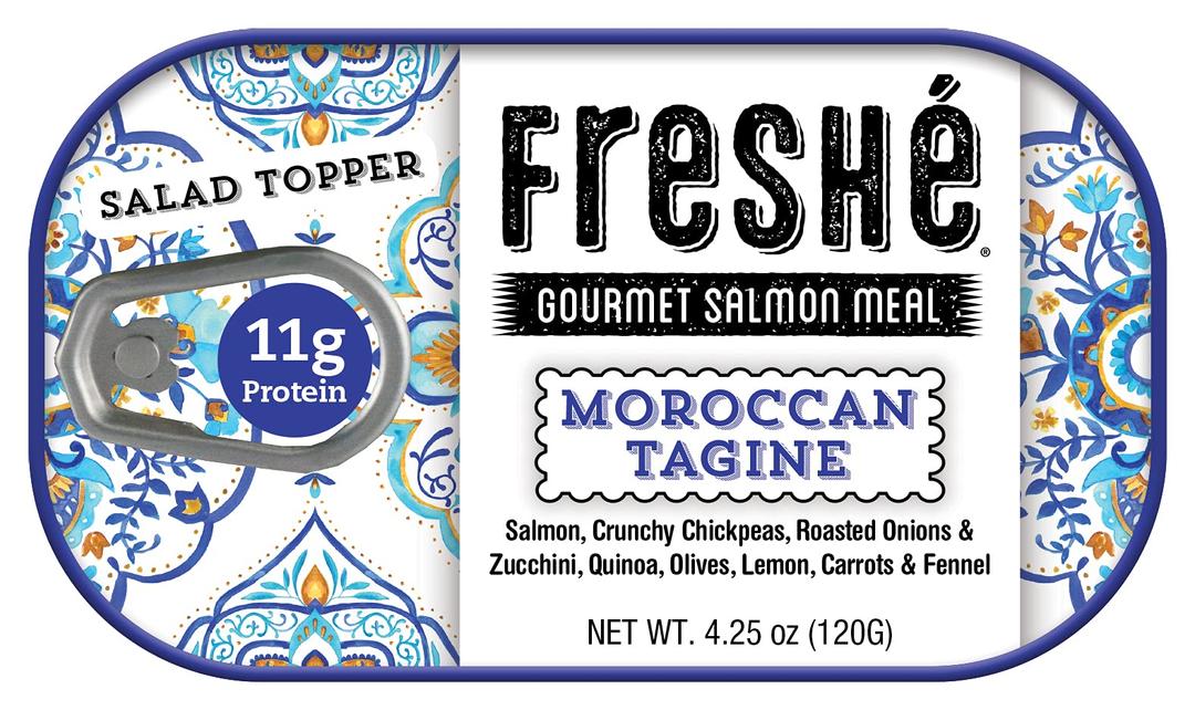 Freshé Gourmet Canned Salmon (Moroccan Tagine - 10 pack) - Sustainably Farmed Fresh Packaged Atlantic Salmon in European-Style Tin - High Protein, Low Calorie Meal - Gluten Free, Keto, Paleo Diet Friendly