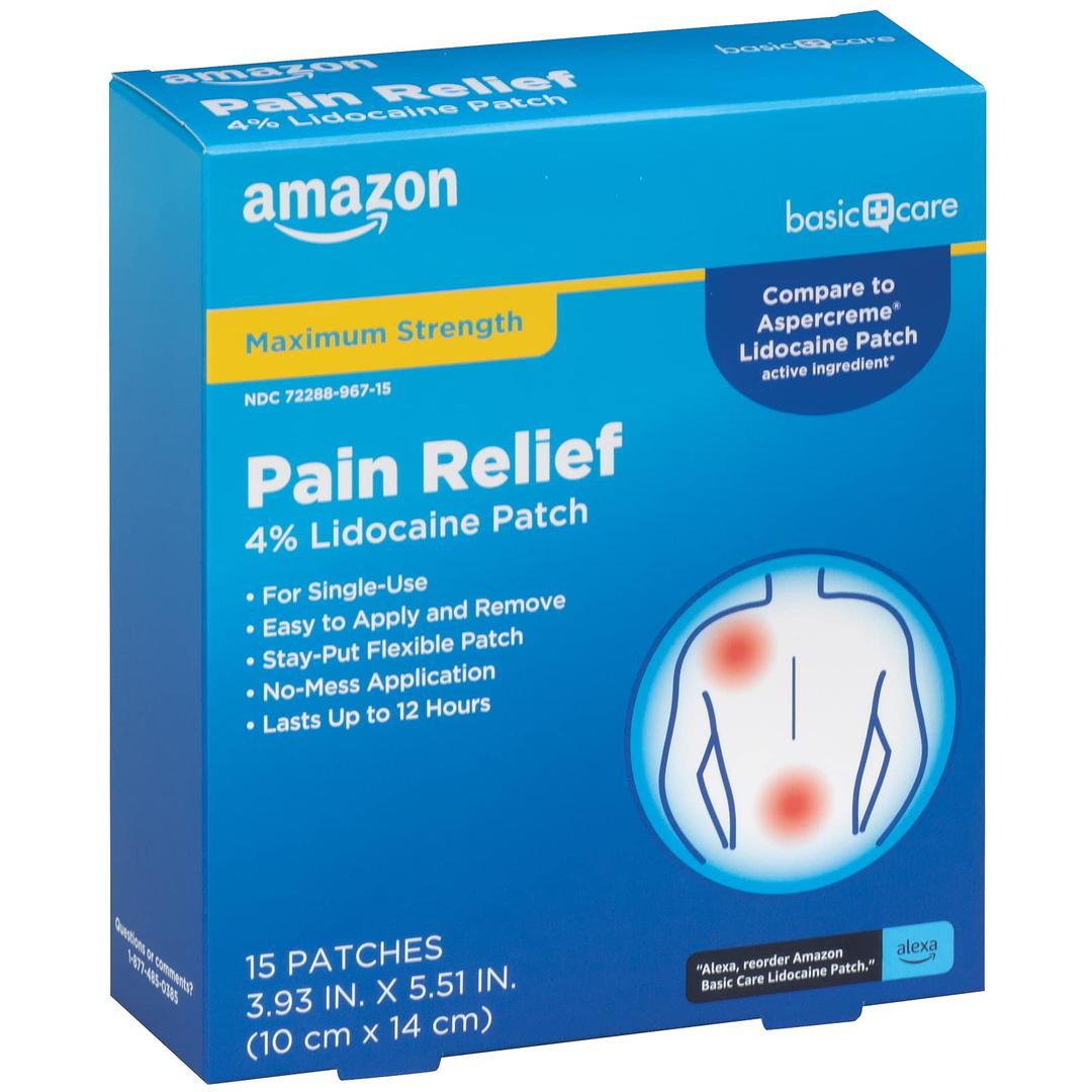 Amazon Basic CareMaximum Strength OTC Pain Relief , 4% Lidocaine Patch, 3.9” x 5.5”, 15-Count Box (Previously HealthWise)