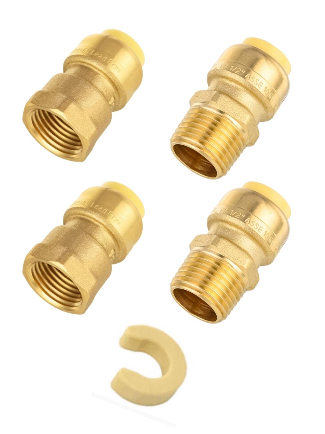 (Pack of 4) EFIELD Push fit 1/2 Inch Male/Female NPT Adapter (2 Male, 2 Female) Brass Fittings, Push to Connect Pex Copper, CPVC, with a Disconnect Tool