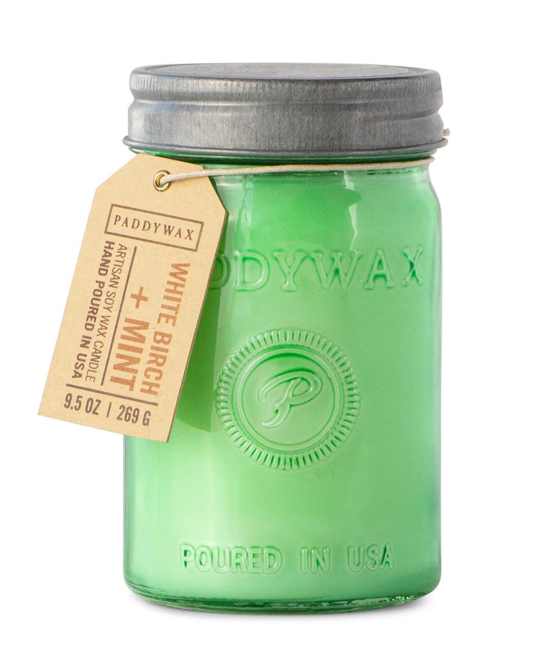 PaddywaxCandles Relish Collection Soy Wax Blend Candle in Mason Jar Candle, Medium- 9.5 Ounce, White Birch + Mint