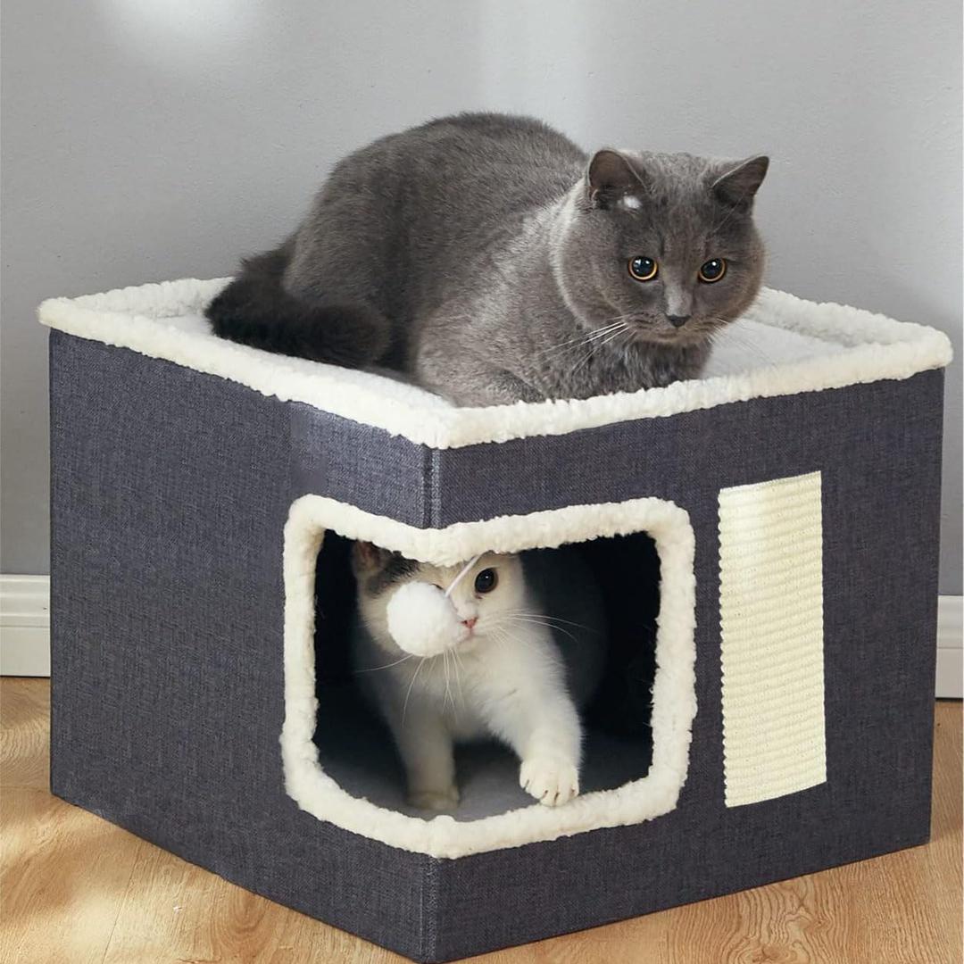 NeoStyleMultifunction Cat House,Cat Bed for Indoor Cats,Cat Nest,Foldable Cat Cube Cave,Large Pet Play House with Fluffy Ball Hanging,Scratch Pad and Detachable Storage Box (Corner opening, grey)