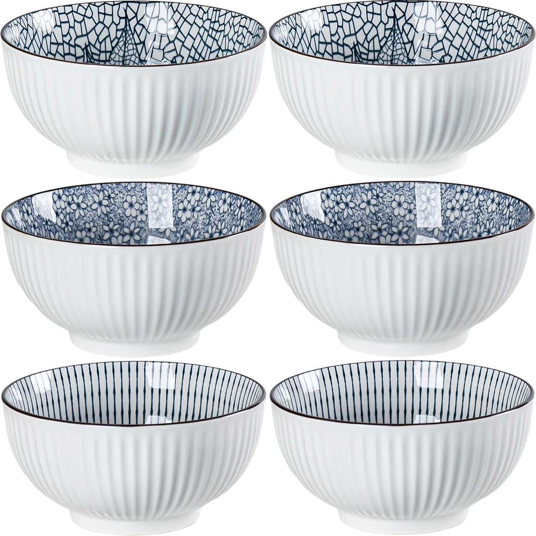 Houlu 30 ounce ceramic rice bowl, Japanese bowl set, various tableware for grains, soups, desserts, snacks, fruits, 6 pieces per pack (blue and white)