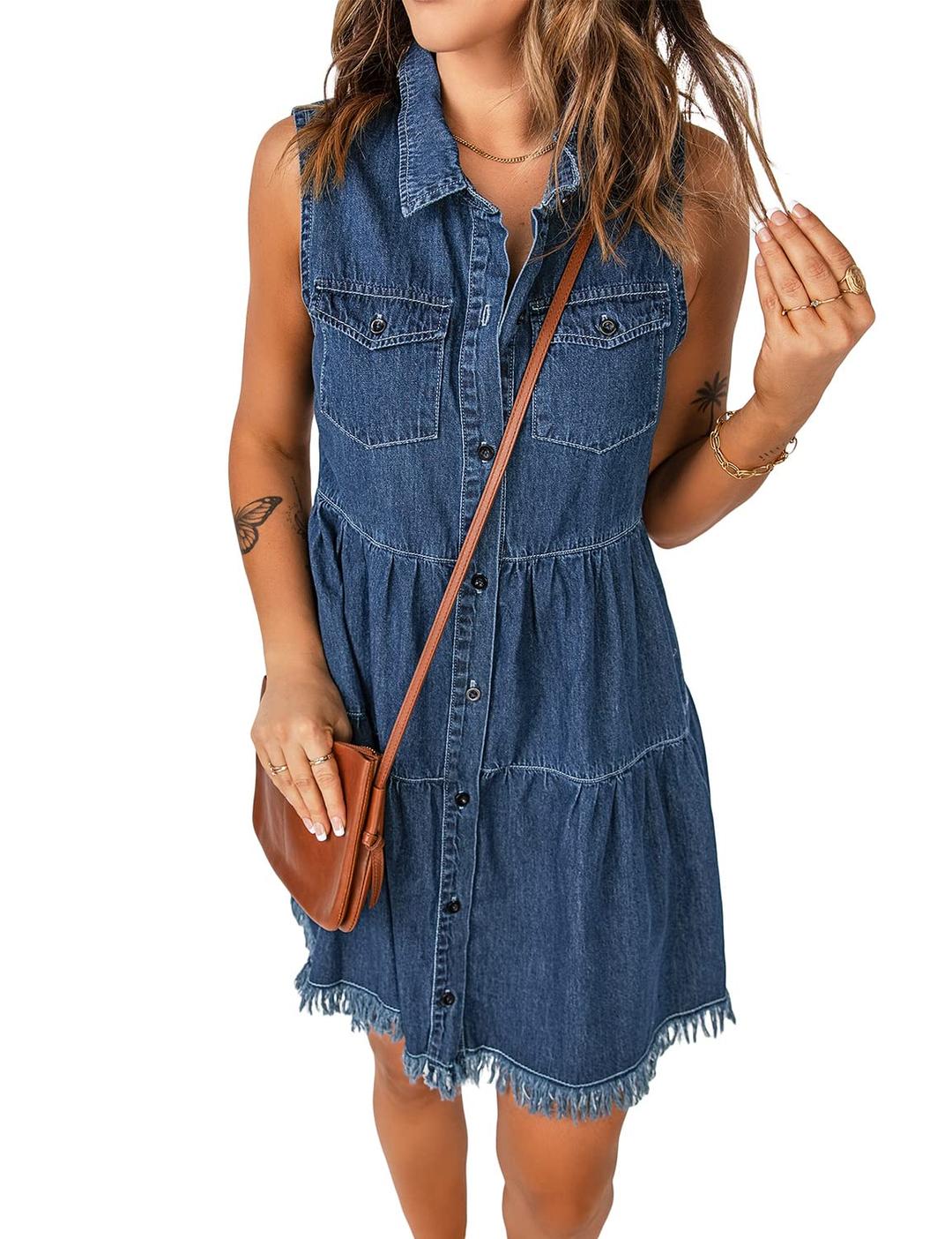 luvamiaWomen's Casual Summer Lapel Sleeveless Button Down Short Denim Jean Dress