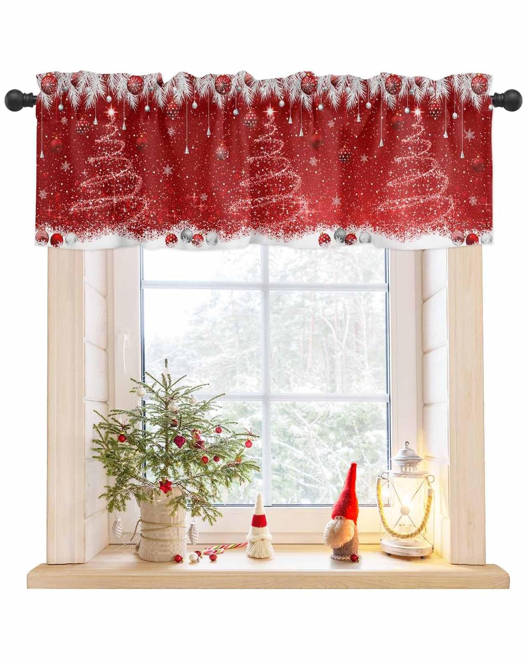 Christmas Valance Curtain Rod Pocket for Kitchen Living Room Bathroom, Red Sparkle Ornaments Short Topper Curtains White Xmas Tree Pine Needle Privacy Window Treatment 54 x 18 Inch, 1 Panel