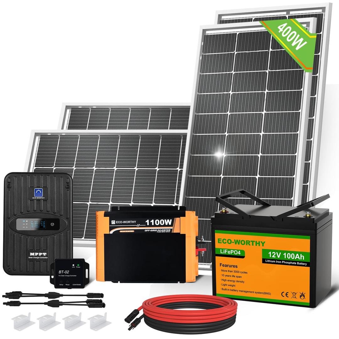 ECO-WORTHY 1.6KWH Complete Solar Panel Kit 400W 12V for RV Off Grid: 400W Solar Panels + 40A MPPT Charge Controller +12V 100Ah Lithium Battery + 1100W Solar Power Inverter + Bluetooth Module