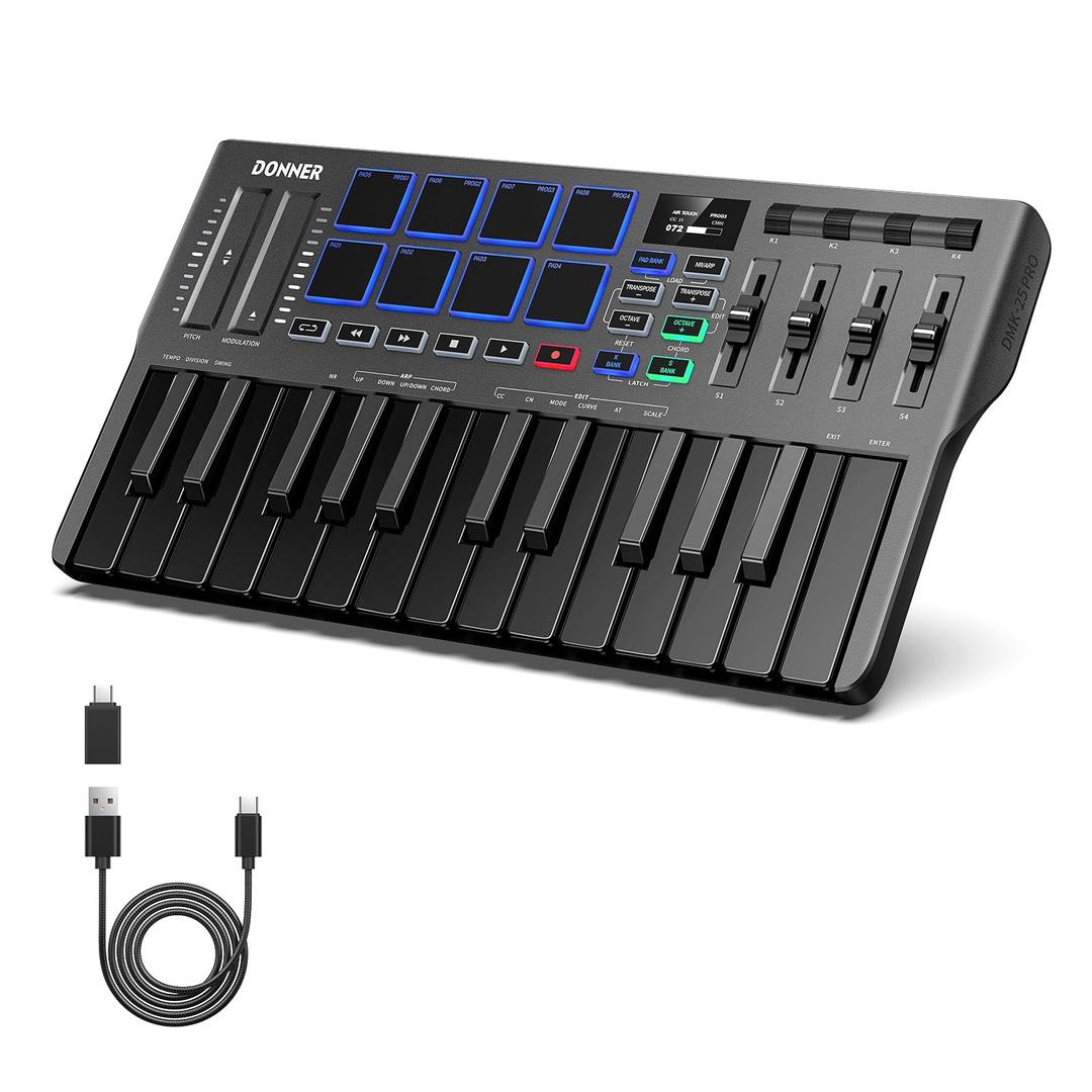 Donner USB-C MIDI Keyboard Controller, 25 Key Portable Mini MIDI Keyboard with 8 Drum Pads, OLED Display, 16 Smart Scales, Arpeggio, Replay, 4 DAW Software and 40 Teaching Courses, DMK 25 Pro Black