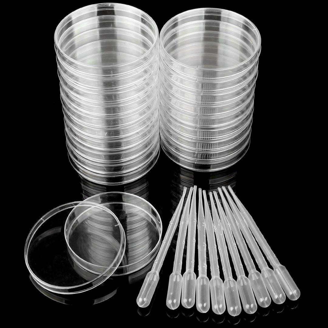 Plastic Petri Dishes 100 x 15mm 20 Pack Sterile Petri Dish Plates Set Comes with 10 Plastic Transfer Pipettes (3mm) Perfect Kit for School Science Fair Projects and Birthday Parties by STARVAST