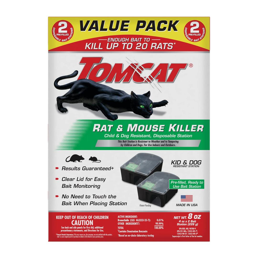 TomcatRat and Mouse Killer Disposable Stations for Indoor/Outdoor Use: Child and Dog Resistant, Pre-Filled, Easy Monitoring, 2-Pack