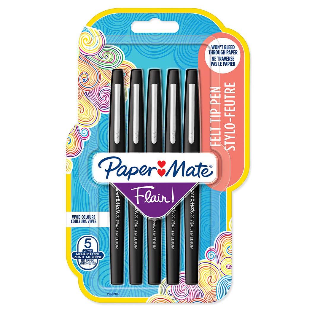 Paper MateFlair Felt Tip Pens | Medium Point (0.7 mm) Writing Pens | Black Pens | For Writing, Drawing & Sketching | 5 Count