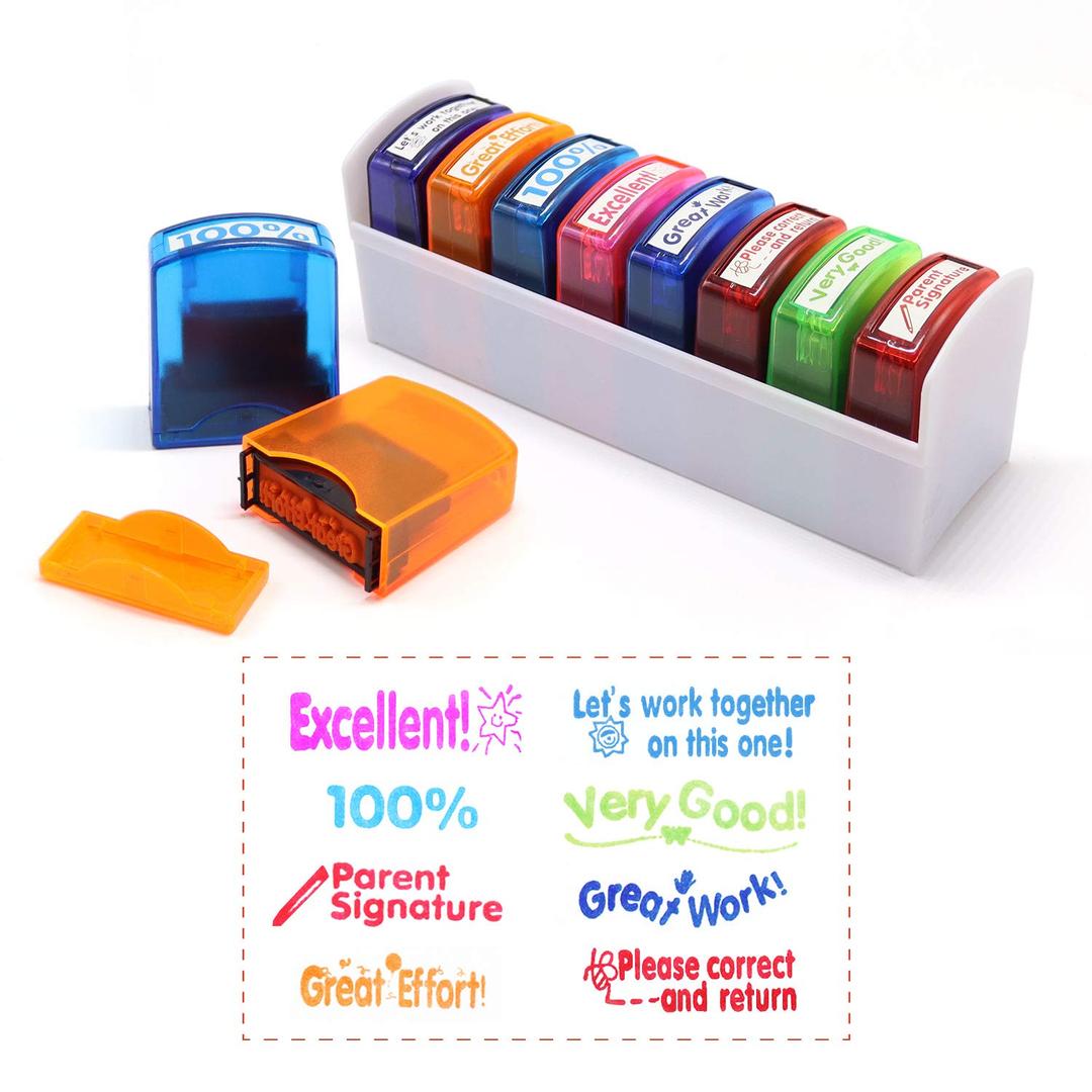 Reliancer Colorful Self-Inking Motivation School Grading Teacher Stamp Set and Tray (8-Piece)