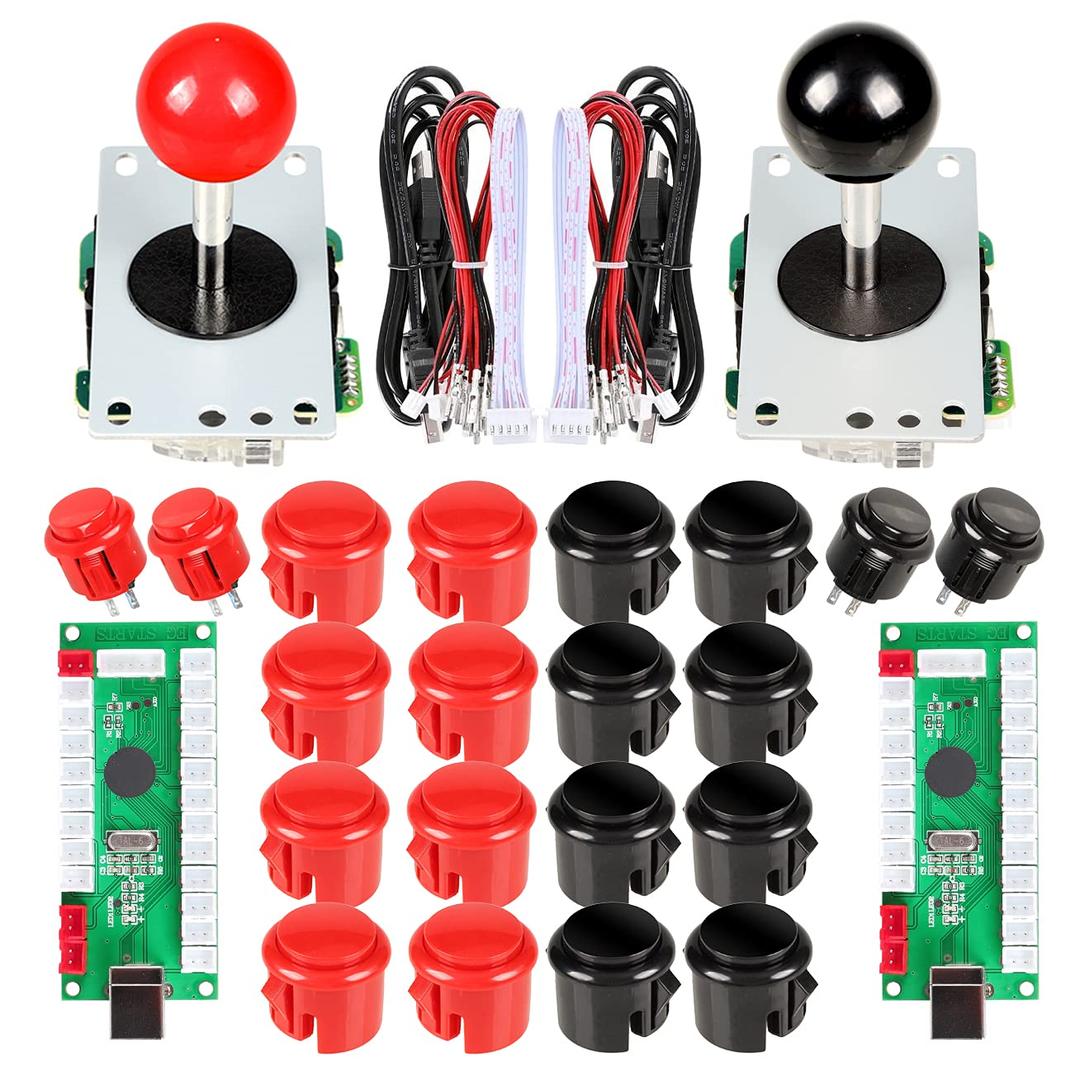 EG STARTS 2 Player Arcade Game Kit Parts USB Pc Joystick for Mame Game DIY Zero Delay USB Encoder + 2x 5pin 8 Way stick + 20 Push Buttons Red + Black Kits Support Windows System & Raspberry pi