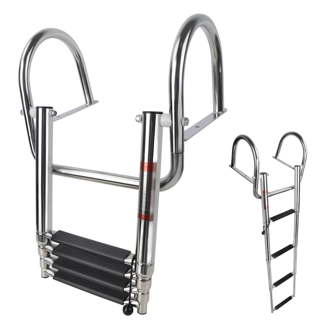 Pontoon Boat Ladder 4 Step Folding, Heavy Duty Telescoping Boat Boarding Ladder with Wide Steps, Folding Boat Swim Ladder,Dock Ladder with Hand Railings