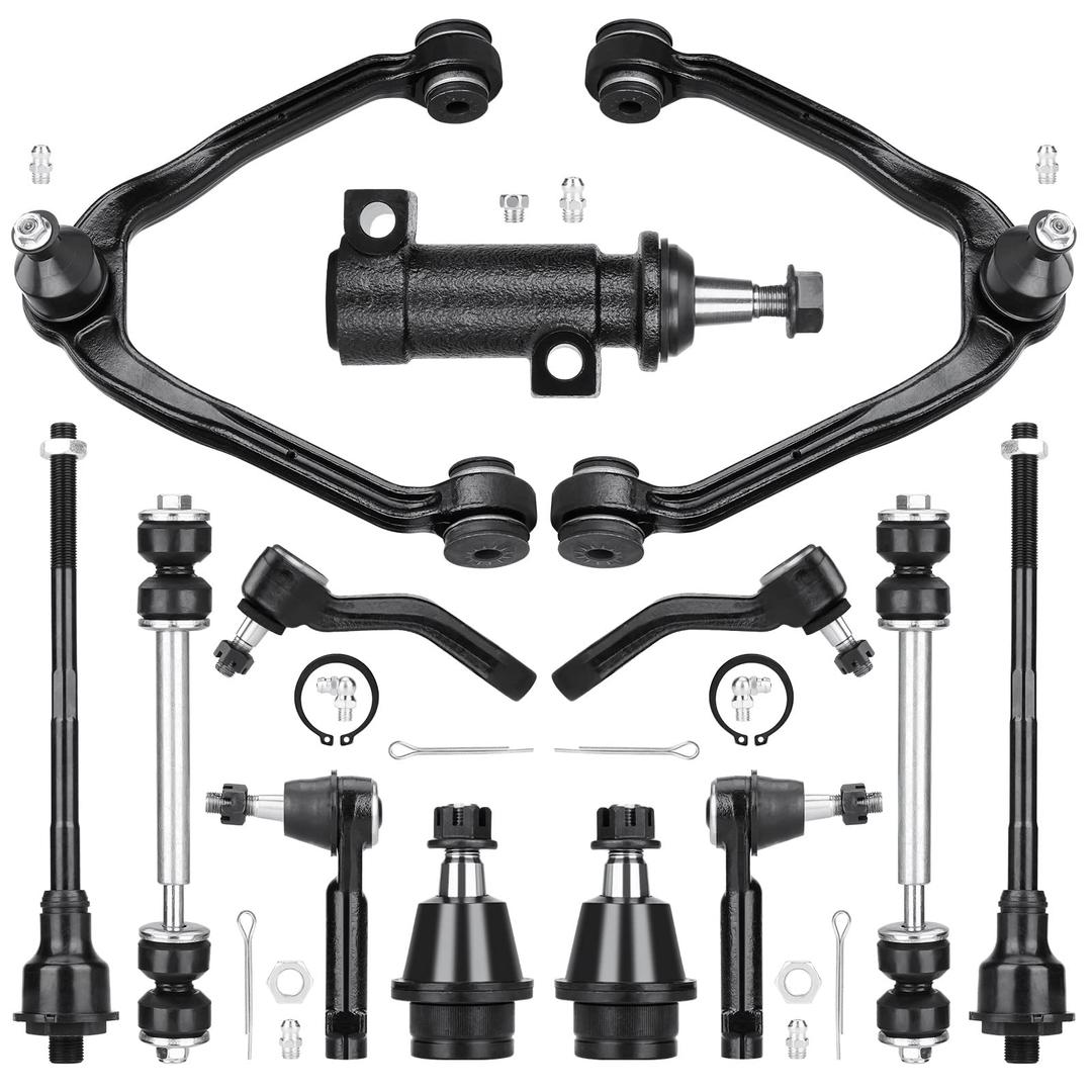 Front Upper Control Arms for Escalade 02-06, Chevy Silverado 99-06, Avalanche Tahoe Suburban GMC Sierra Yukon AWD 4WD | Suspension Kit w/Ball Joints Tie Rods Sway Bar Idler Arm Replaces K80942