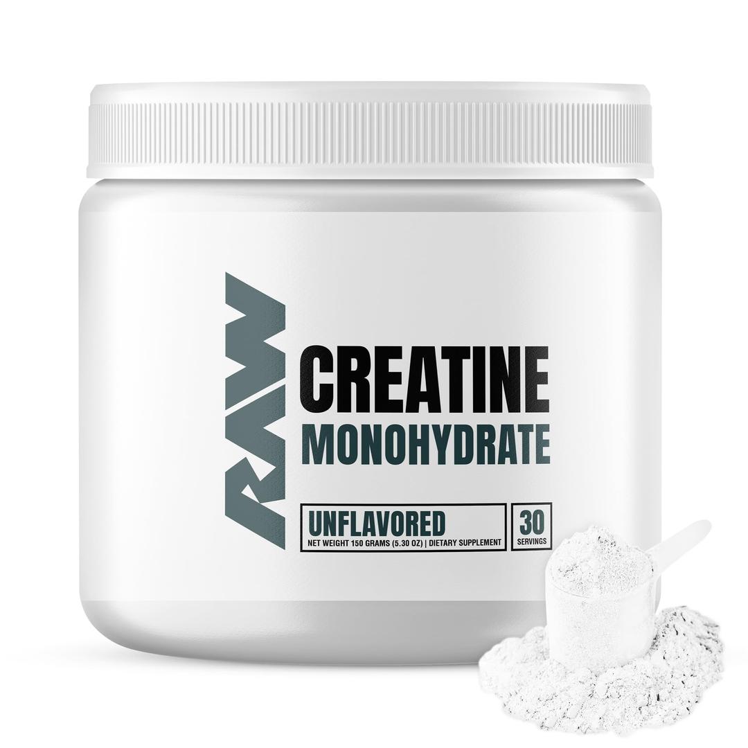 RAW Nutrition Creatine Monohydrate Powder, Unflavored (30 Servings) - Micronized Creatine Monohydrate Supplement for Workout Performance, Build Muscle & Strength - Creatine Powder for Men & Women