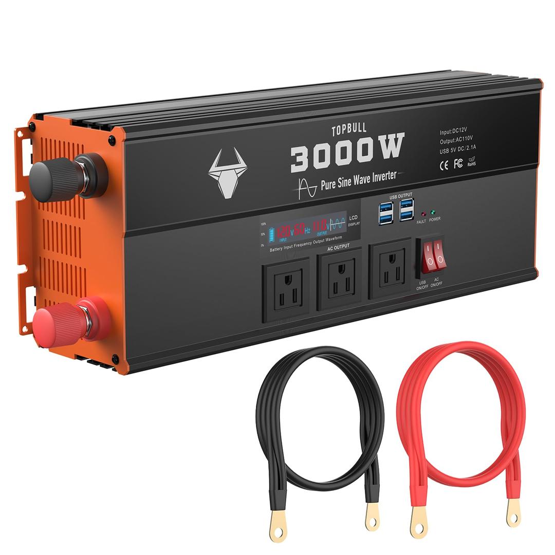 3000 Watt Pure Sine Wave Power Inverter for Vehicle 12V DC to 110V/120V AC Car Inverter with 3 AC US Outlets & 4 USB Ports Supports Induction/Microwave for RV, Outdoor, Camping, Boat New Upgrade